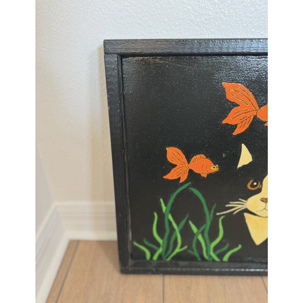 Folk Art Painted Canvas Black Cat Fishbowl Goldfish Scene Kitschy Whimsical - Picture 2 of 10